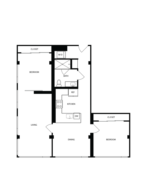 Floor plan for 2 beds, 1 bath, 1199 sqft
